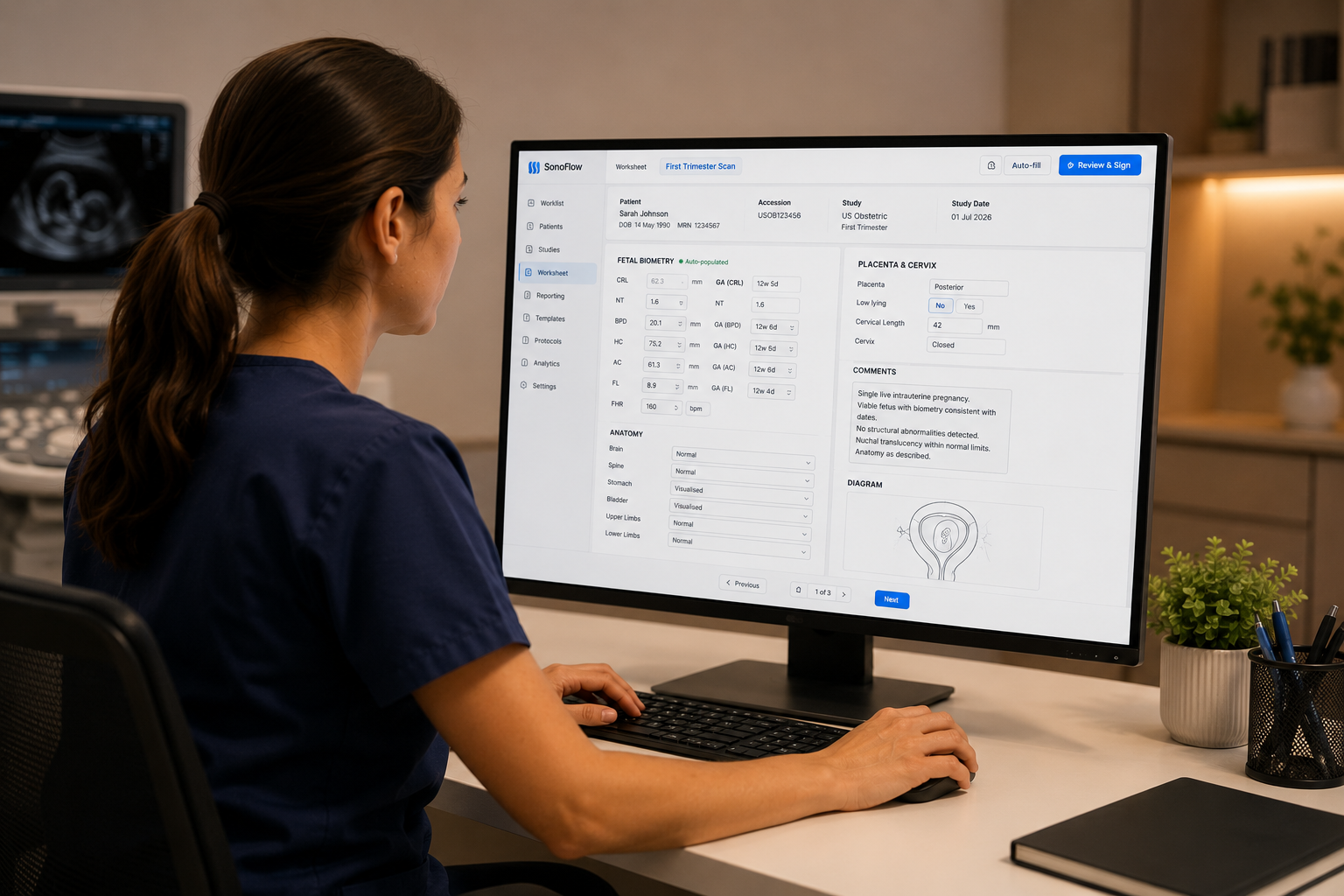 A sonographer completing a structured Quickly worksheet on screen