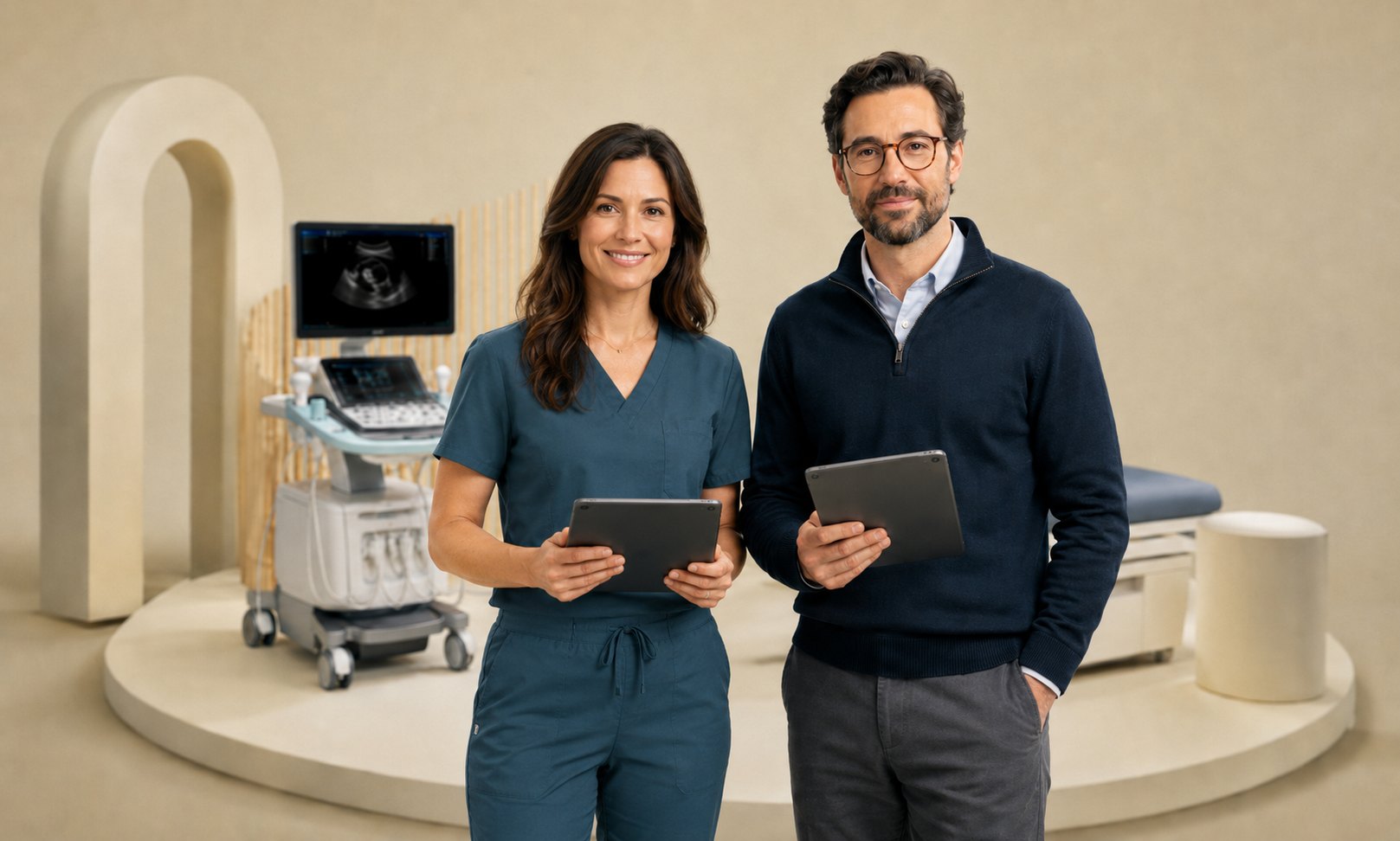 A sonographer and radiologist reviewing studies on tablets in a modern imaging clinic